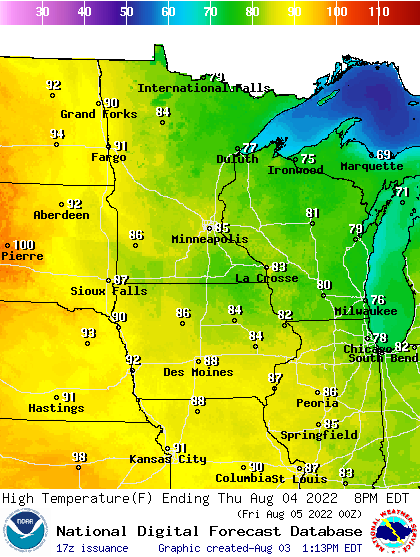Forecast high temperatures Thursday