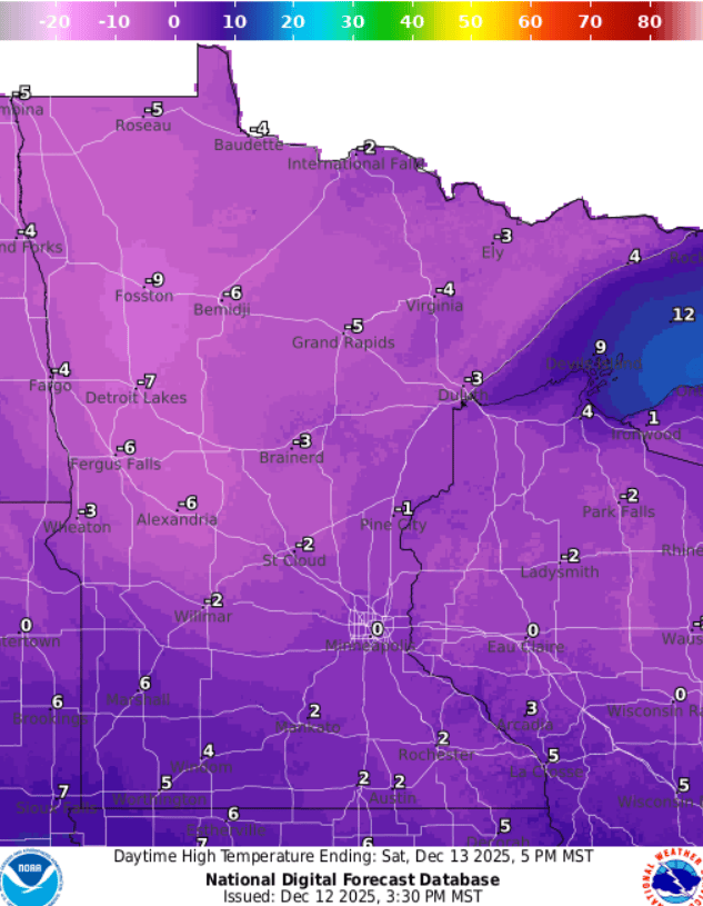 Forecast high temperatures Saturday