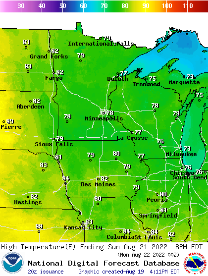 Forecast high temperatures Sunday