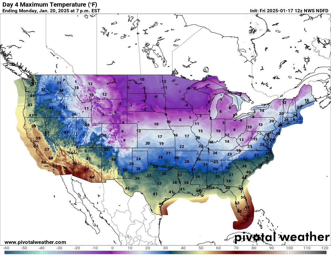 Monday's temperatures showing extent of deep freeze