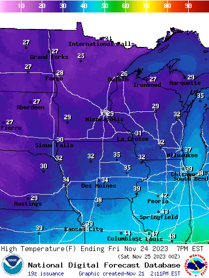 Forecast high temperatures Friday