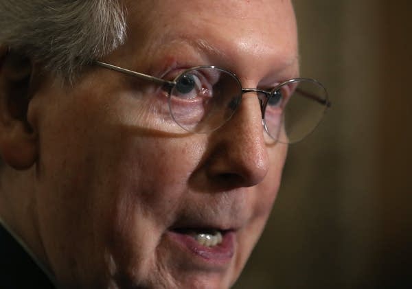 Senate Majority Leader Mitch McConnell speaks to the media.