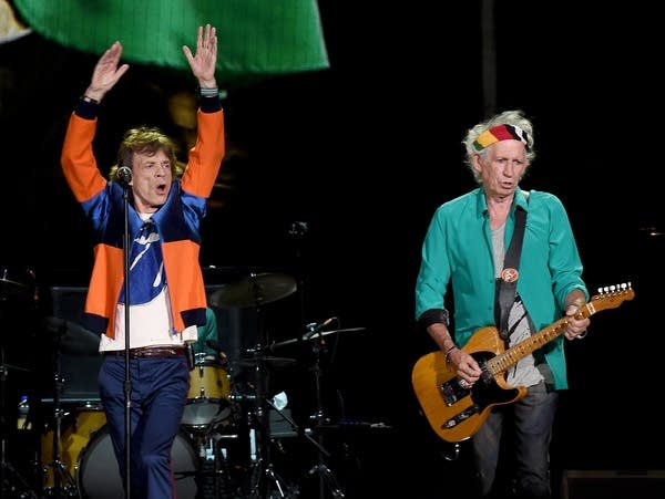 Mick Jagger and Keith Richards perform with the Rolling Stones at the Desert Trip festival in 2016.