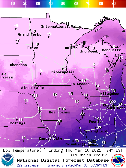 Forecast low temperatures Thursday morning