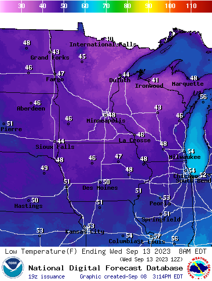 Forecast low temperatures Wednesday