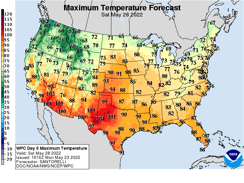Forecast high temperatures Saturday