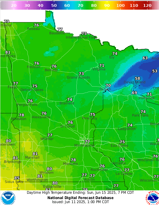 Forecast high temperatures Sunday