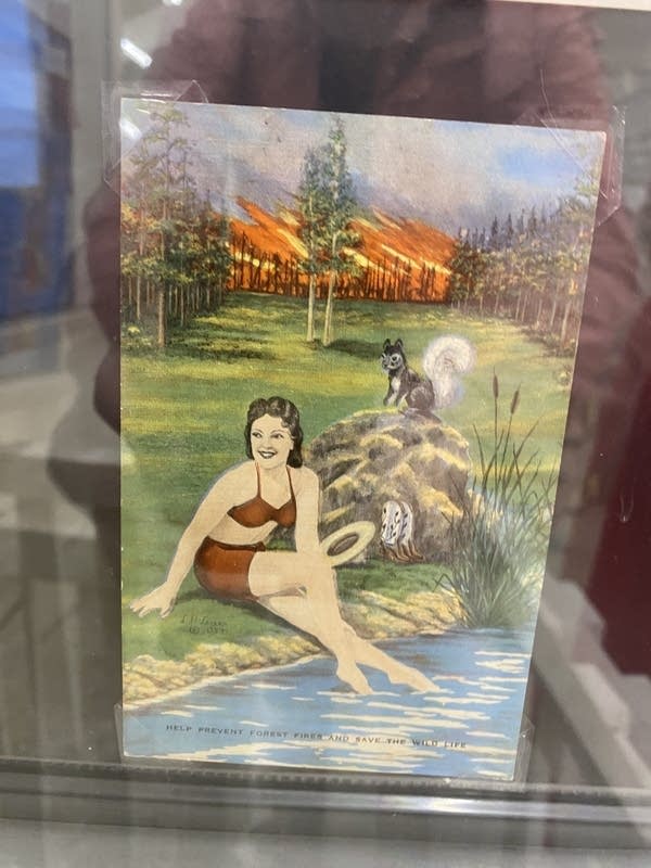 Painted postcard of a woman in a swimsuit sitting next to a squirrel while a fire rages behind them.