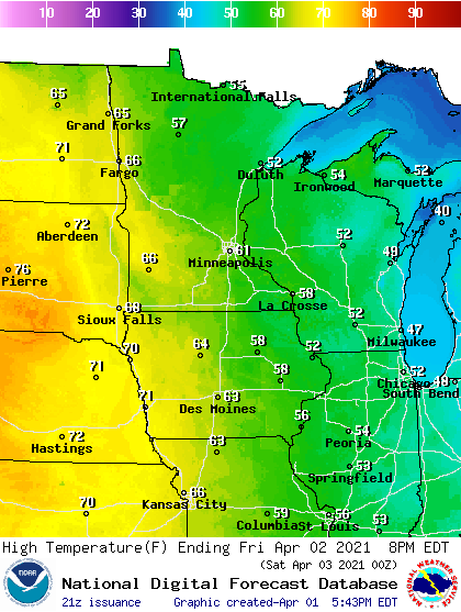 Forecast high temperatures Friday