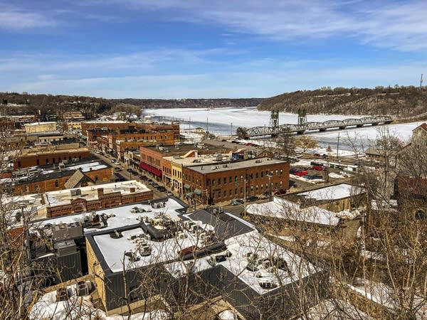 A wide aerial shot of downtown Stillwater