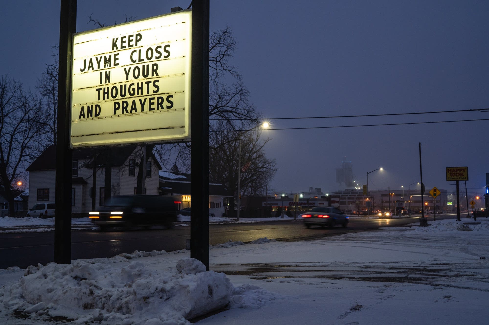A sign on a local business reminds residents about Jayme Closs.