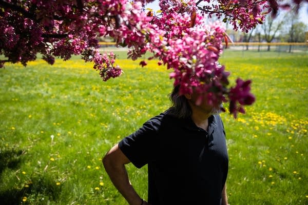 A person poses for a photo next to a blooming tree