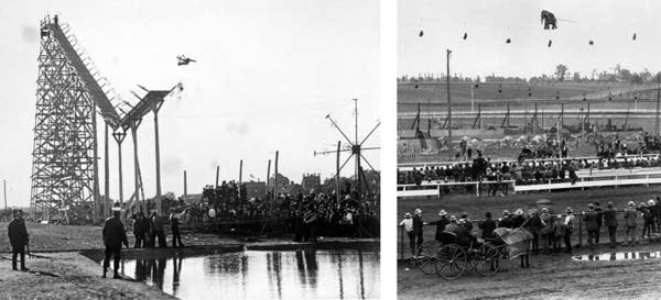 Two black and white photos show performances at the fair.