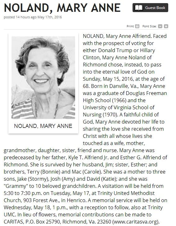 In death, a plea not to vote for Trump, Clinton