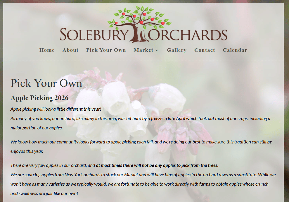 A screenshot of Solebury Orchards website.