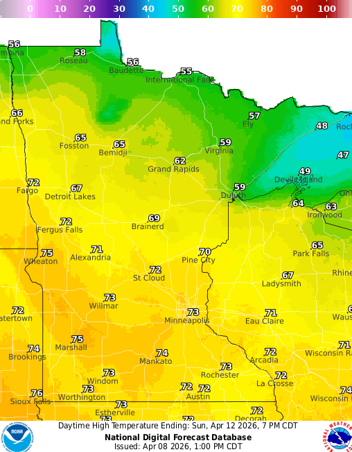 Forecast high temperatures Sunday 