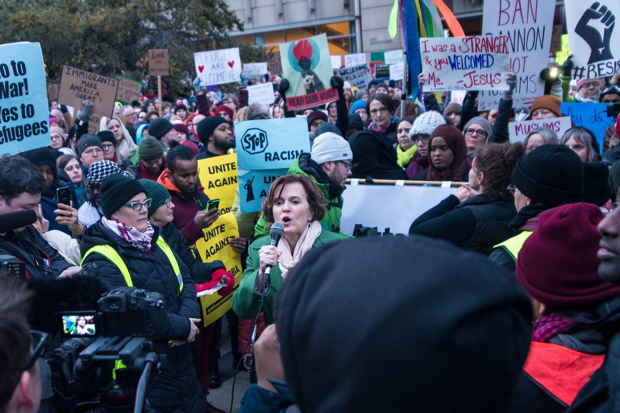 Minneapolis Mayor Betsy Hodges speaks at an anti-Trump protest