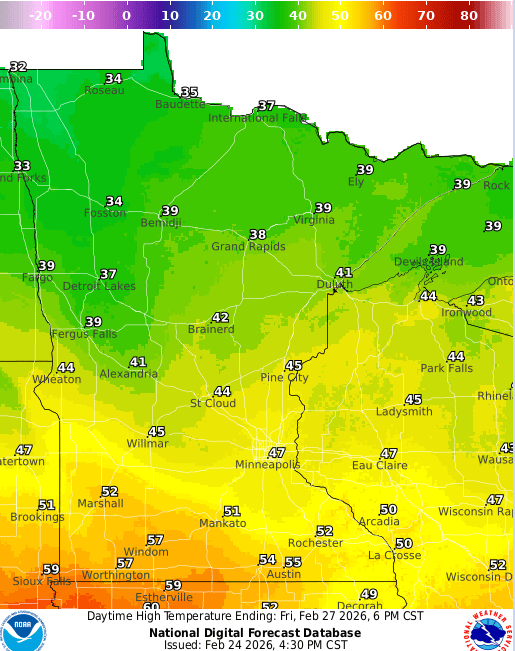 Forecast high temperatures Friday