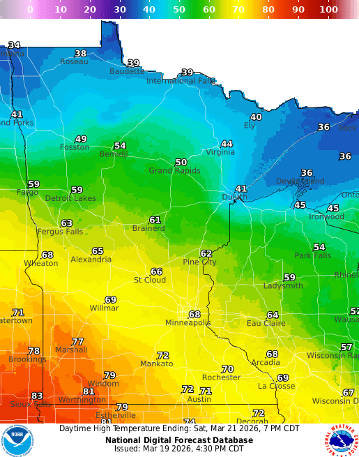 Forecast high temperatures Saturday