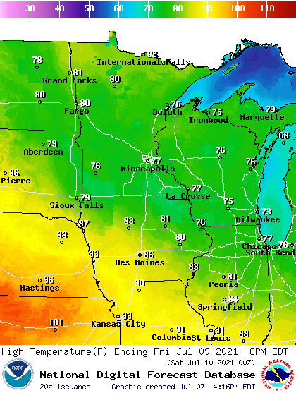 Forecast high temperatures Friday