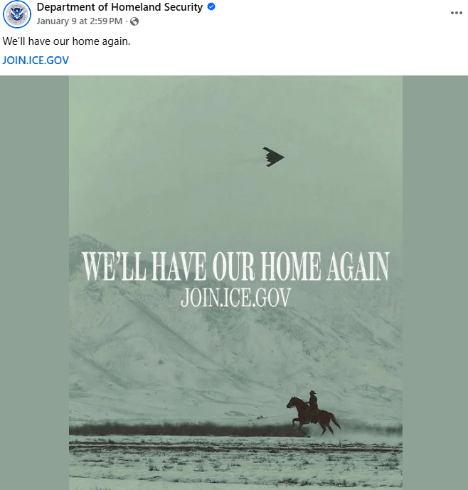 Screenshot of a Facebook post with white text over a gray landscape that reads, "We'll have our home again."
