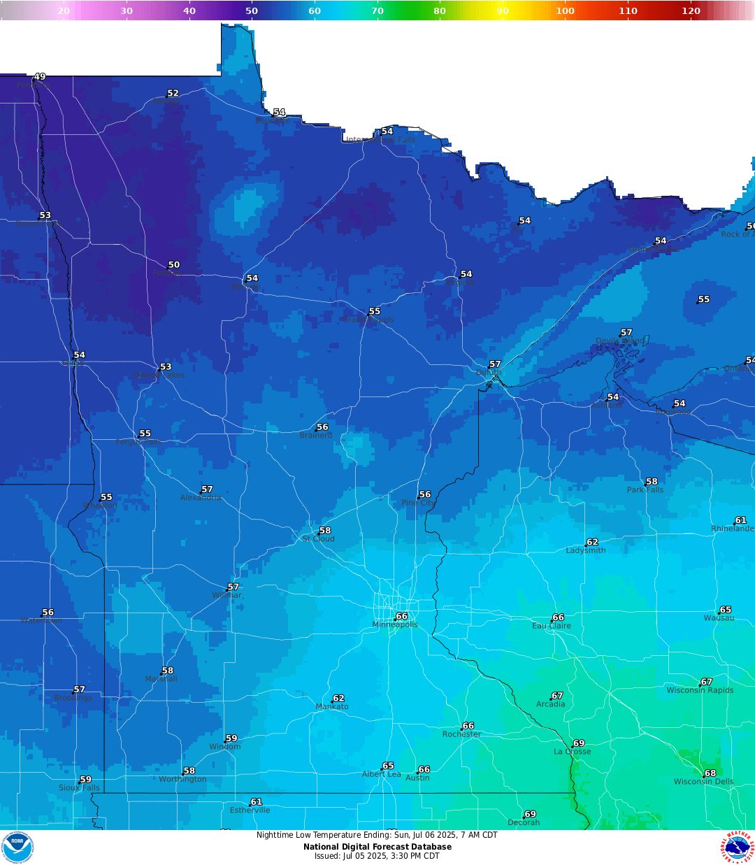 Lows for Saturday night