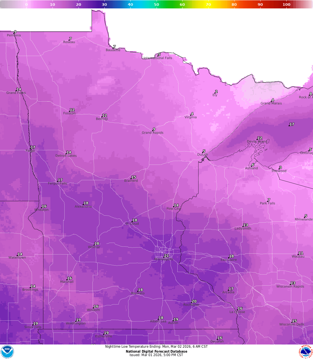 Lows for Sunday night