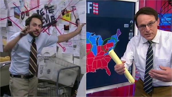 Split screen: Charlie from "Always Sunny" next to MSNBC's Steve Kornacki