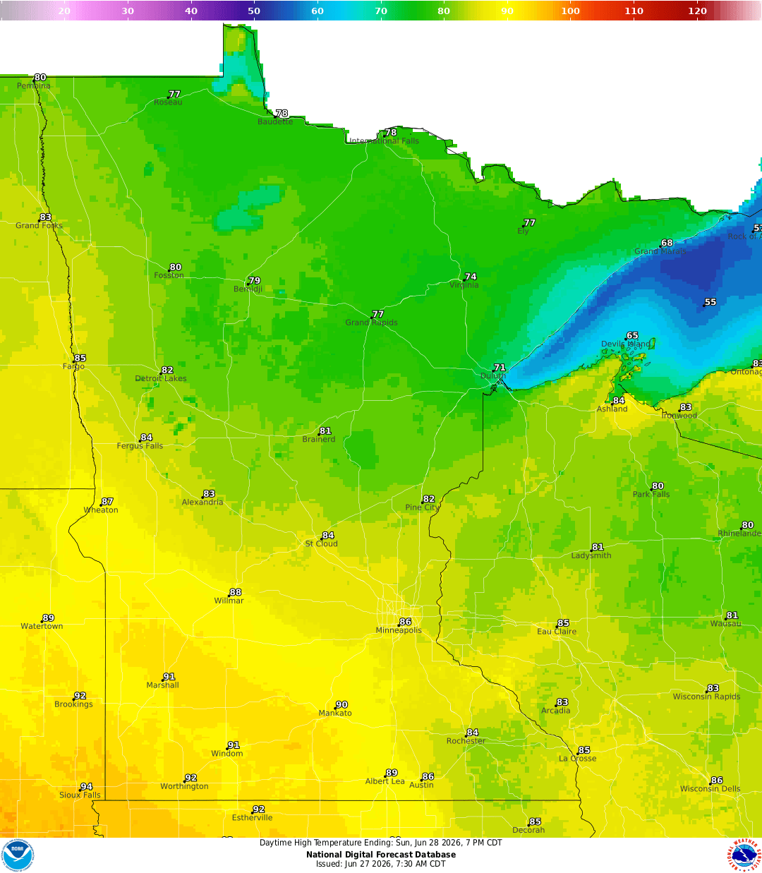Highs for Sunday