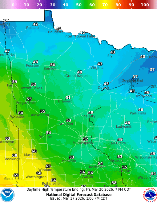 Forecast high temperatures Friday