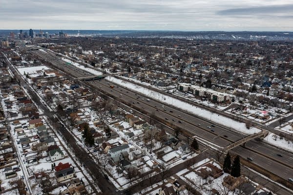 An aerial view of Interstate 94 in the Twin Cities