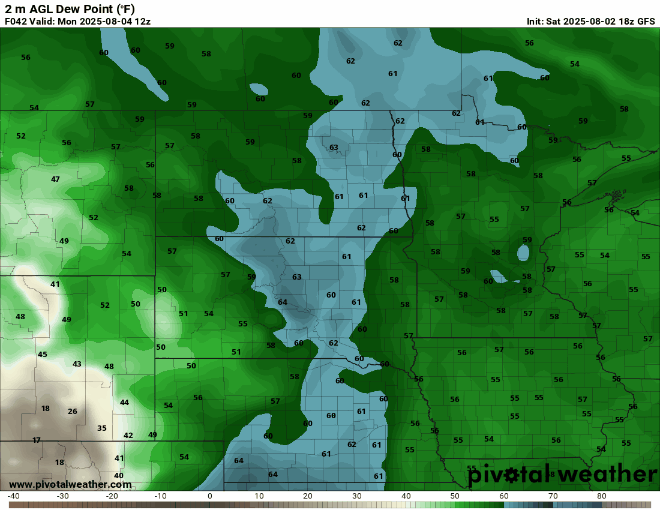 Dew points increasing on Monday