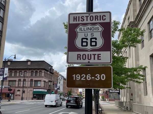 A signpost commemorates the alignment of historic Route 66 on 6th Street in Springfield, Illinois, on April 24, 2026. The year 2026 marks the centennial of the legendary highway that connected Chicago to Los Angeles.