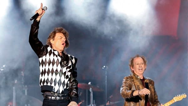 Mick Jagger (C) and Keith Richards of the Rolling Stones perform as they resume their "No Filter Tour" North American Tour at the Soldier Field on June 21, 2019 in Chicago.