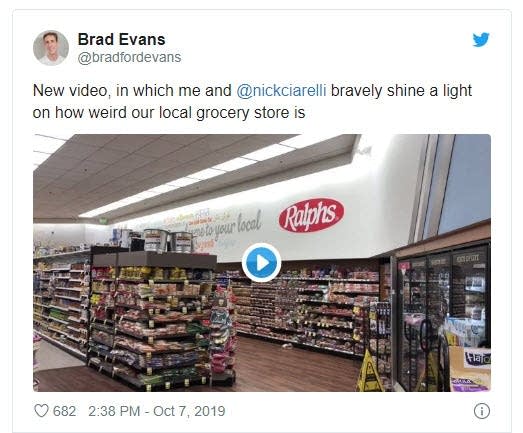 Screencap of tweet featuring a grocery store radio skit by Brad Evans