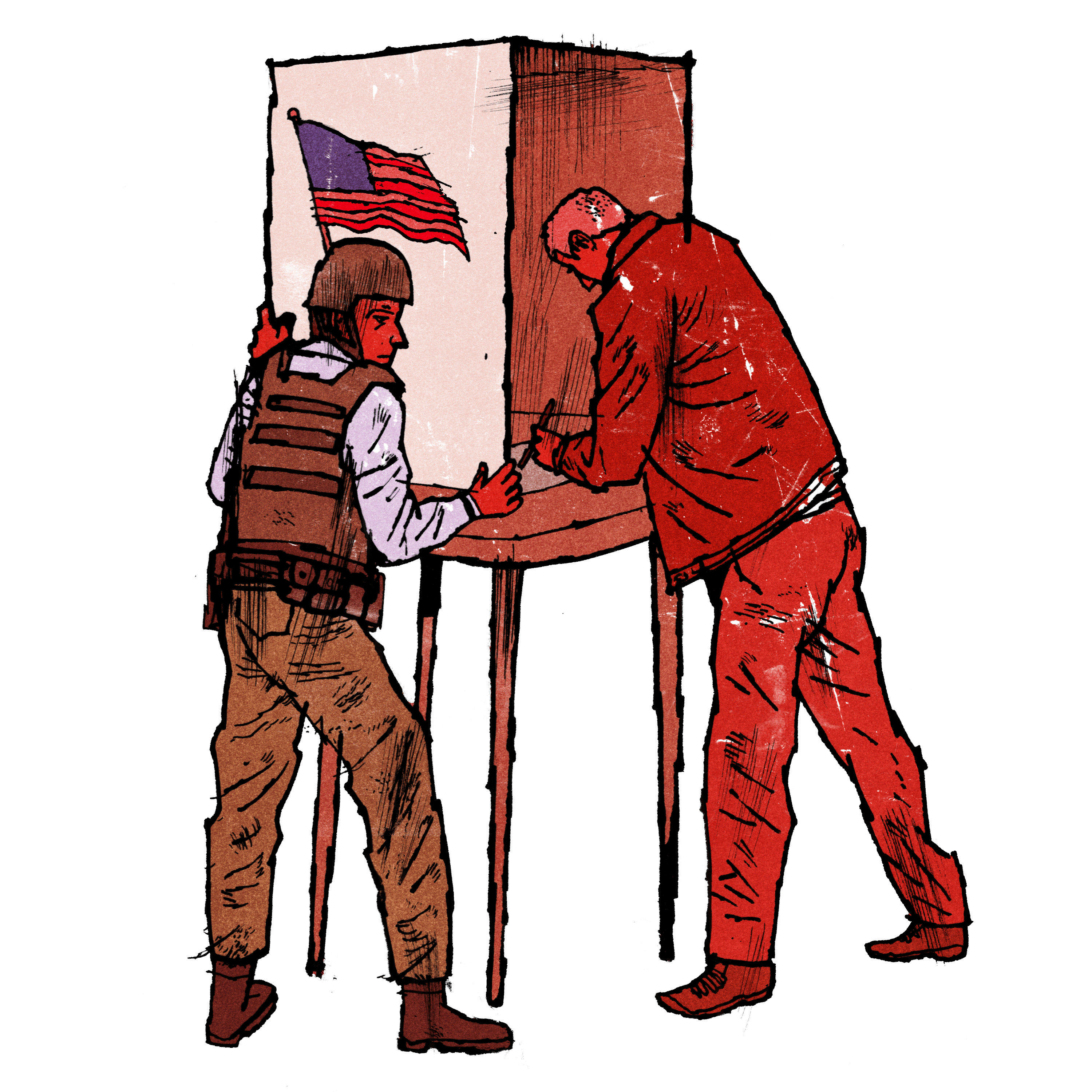 An illustration of a soldier trying to look at a man's ballot while he votes.