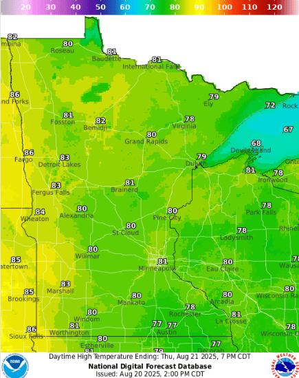 Forecast high temperatures Thursday