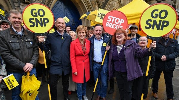Nicola Sturgeon alongside lead SNP European election candidate Alyn Smith and party activists in Leith in 2019 in Edinburgh, Scotland.