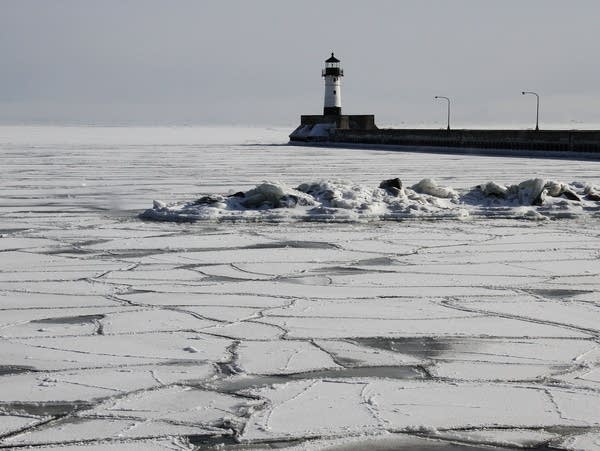 A patchwork ice pattern covers Lake Superior in Duluth