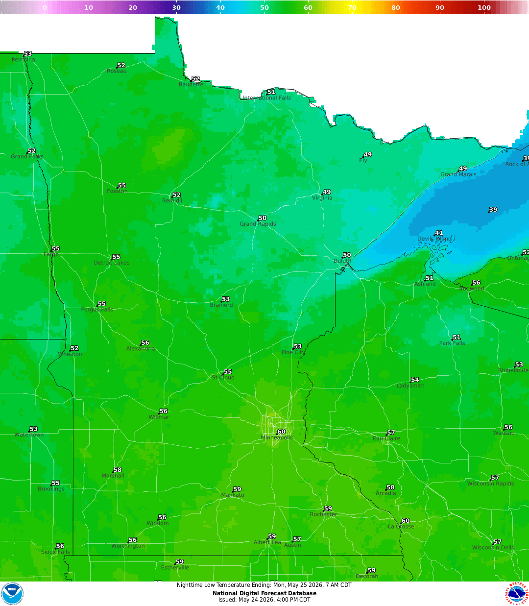 Lows for Sunday night
