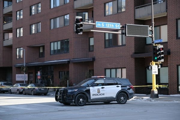 squad car and caution tape downtown Minneapolis