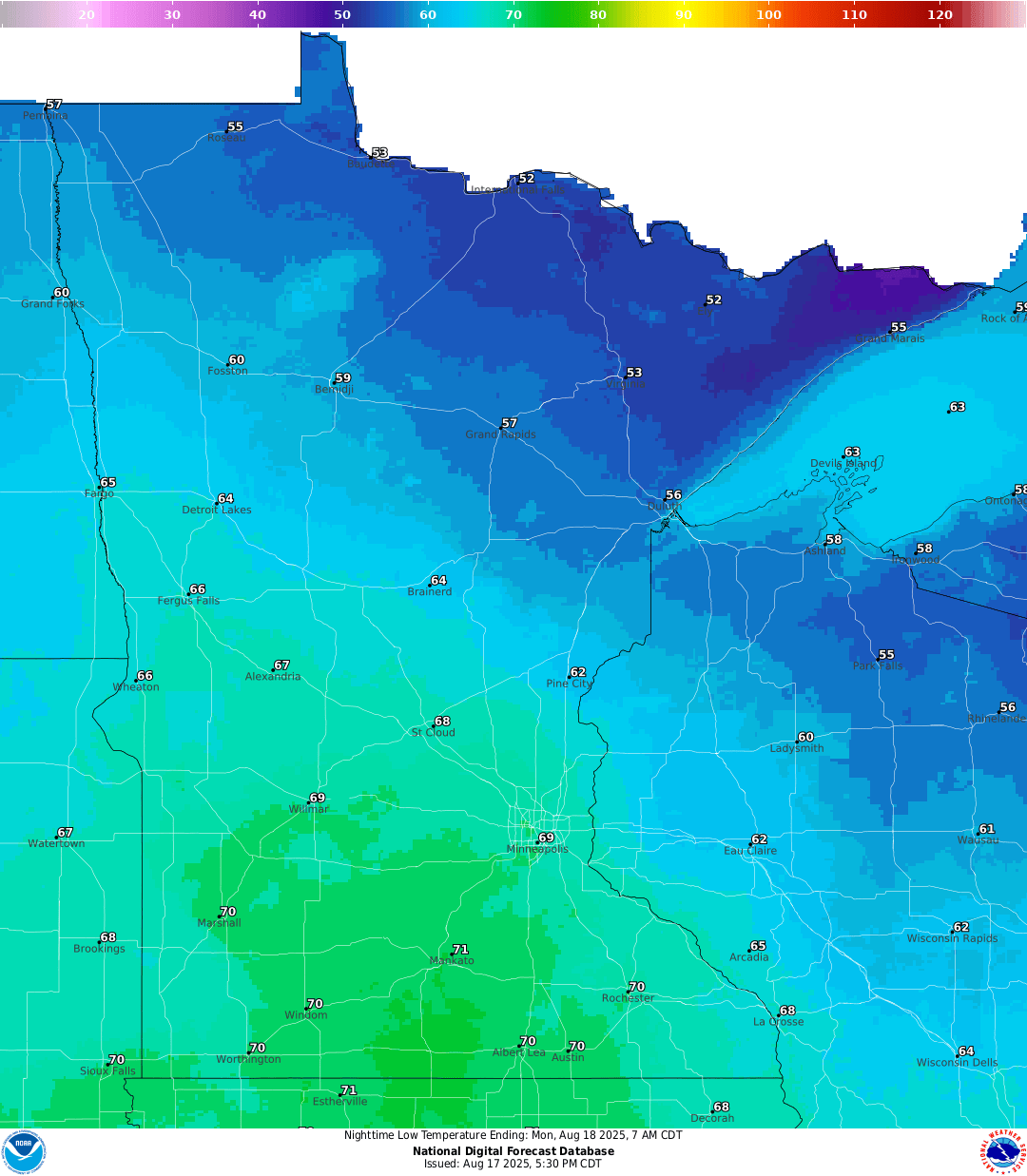 Lows for Sunday night