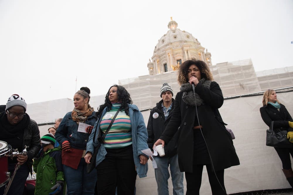 Mica Grimm, right, spoke at the MLK Day rally.