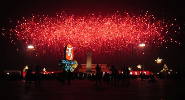 Fireworks explode over the National Stadium