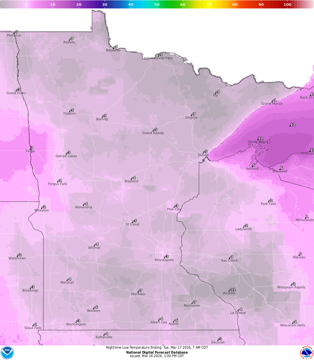 Lows for Monday night