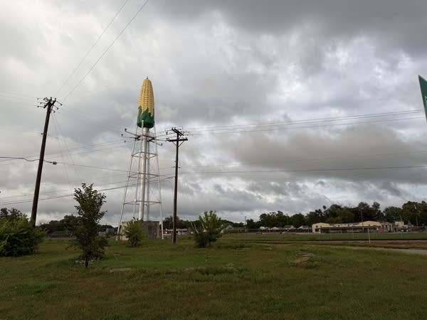Rochester's corn-shaped water tower stands against a gray, cloudy sky.
