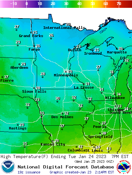 Forecast high temperatures Tuesday