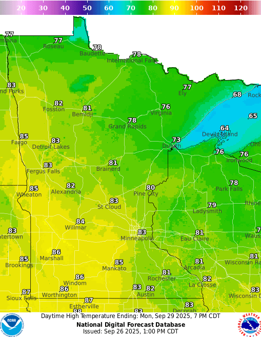 Forecast high temperatures Monday