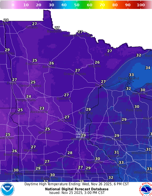 Forecast high temperatures Wednesday