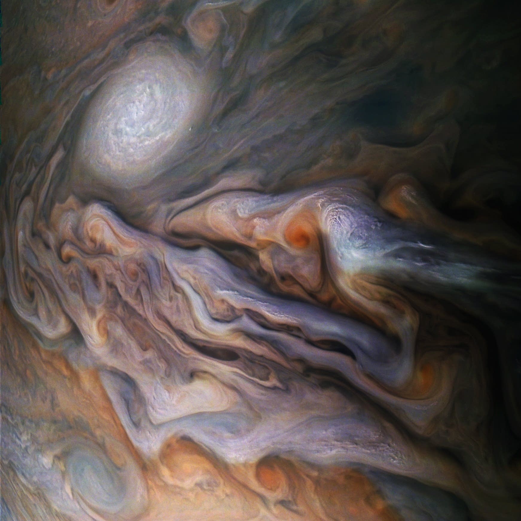 Color enhanced swirling clouds in Jupiter's dynamic atmosphere